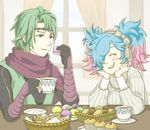  1girl biscuit blue_hair blush closed_eyes cup cupcake eating fire_emblem fire_emblem_if food gloves green_hair hair_over_one_eye macaron multicolored_hair open_mouth pieri_(fire_emblem_if) pink_hair purple_eyes scarf suzukaze_(fire_emblem_if) teacup twintails two-tone_hair usayuki 