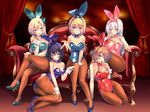  5girls :d :o alternate_costume animal_ears aqua_eyes arm_support ass bangs bare_shoulders between_breasts between_legs black_hair blonde_hair blue_eyes blue_leotard blush boku_wa_tomodachi_ga_sukunai bow bowtie breasts brown_eyes brown_hair brown_legwear bunny_ears bunny_girl bunny_tail bunnysuit butterfly_hair_ornament charlotte_dunois cleavage couch crossed_legs crossover curtains detached_collar embarrassed evangelion:_3.0_you_can_(not)_redo eyepatch fake_animal_ears fake_tail full_body hair_between_eyes hair_ornament hair_ribbon hairband hand_between_legs hand_on_own_knee high_heels highleg highleg_leotard highres indoors infinite_stratos kantai_collection kashiwazaki_sena kneeling large_breasts leaning leotard lipstick long_hair looking_at_viewer makeup mikazuki_yozora multiple_girls neon_genesis_evangelion open_mouth outstretched_hand pantyhose parted_bangs pink_leotard ponytail purple_eyes purple_leotard raised_eyebrows rebuild_of_evangelion red_leotard ribbon shikinami_asuka_langley shiny shiny_clothes shoes short_hair shoukaku_(kantai_collection) sideboob silver_hair sitting smile souryuu_asuka_langley strapless strapless_leotard tail tassel thigh_gap tongue tongue_out twintails two_side_up untying wrist_cuffs 