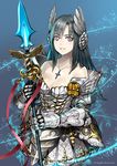  armor bare_shoulders black_hair collarbone cross gauntlets jewelry magic necklace polearm purple_eyes ryou_(effort) simple_background smile solo spear weapon 