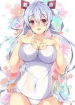  :o ahoge alternate_costume blush breast_suppress breasts cleavage covered_navel cowboy_shot eyebrows eyebrows_visible_through_hair floral_background hair_between_eyes hair_ornament hands_on_own_chest highres large_breasts long_hair looking_at_viewer matoi_(pso2) milkpanda old_school_swimsuit one-piece_swimsuit phantasy_star phantasy_star_online_2 red_eyes school_swimsuit silver_hair solo swimsuit teeth twintails white_swimsuit 