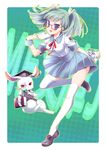  :d blue_eyes book bunny glasses green_hair hair_ornament hairclip highres holding looking_at_viewer mf_bunko open_mouth original pleated_skirt school_uniform serafuku skirt smile solo thighhighs twintails white_legwear yube_(skyhacker) zettai_ryouiki 