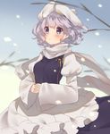 apron blue_eyes blurry blush dress gradient gradient_background hat highres image_sample interlocked_fingers lavender_hair letty_whiterock long_sleeves looking_away open_mouth puffy_sleeves scarf short_hair solo touhou twitter_sample usamata waist_apron wide_sleeves 