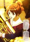  2016 absurdres artist_request brown_eyes brown_hair calendar_(medium) character_name copyright_name euphonium february hibike!_euphonium highres instrument january neckerchief official_art oumae_kumiko ponytail red_neckwear school_uniform serafuku solo 