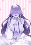  arano_oki breasts collarbone cum cum_in_mouth cum_on_tongue hair_ornament heart highres japanese_clothes kimono kimono_pull large_breasts long_hair navel nipples okiku_(banchou_sarayashiki) open_clothes open_kimono open_mouth pale_skin purple_hair shiroshouzoku sitting solo striped striped_background touhou very_long_hair yukata 