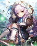  2014 animal bad_id bad_pixiv_id bird black_gloves black_skirt blue_bow bow bunny day deer gio_(maroon0924) gloves hood kneehighs long_hair official_art original outdoors purple_hair shoes sitting size_difference skirt solo tenkuu_no_crystalia watermark white_legwear 