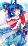  ;d adapted_costume bag blue_dress blue_eyes blue_hair bow capelet dress elbow_gloves gloves hair_bow hair_ornament hair_rings hair_stick heart hood hood_down kaku_seiga kutsuki_kai looking_at_viewer one_eye_closed open_mouth over_shoulder red_capelet red_gloves santa_costume sash shawl smile solo touhou 