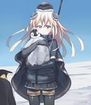  :t amana_(pocketkey) bird blonde_hair blue_eyes blue_sky blush cape carrying cropped_jacket day garrison_cap gloves hair_between_eyes half-closed_eye hat headgear kantai_collection long_hair looking_at_viewer penguin sky solo u-511_(kantai_collection) uniform 