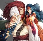  1girl animal_ears bare_shoulders beard blue_hair caineghis cape detached_sleeves facial_hair fire fire_emblem fire_emblem:_akatsuki_no_megami fire_emblem:_souen_no_kiseki headband height_difference jewelry lion_ears long_hair long_sleeves magic milaria necklace open_mouth red_hair robe sanaki_kirsch_altina serious yellow_eyes 