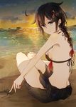  ahoge beach bikini blue_eyes braid breasts hair_ornament heart jewelry kantai_collection kazuhito_(1245ss) long_hair ocean ring sarong shigure_(kantai_collection) sideboob single_braid sitting smile solo sunset swimsuit wedding_band 