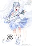  blue_eyes boots dress german holding holding_sword holding_weapon left-handed long_hair mutsumi_masato myrtenaster ponytail rapier rwby scar scar_across_eye side_ponytail solo sword translated weapon weiss_schnee white_footwear white_hair zoom_layer 