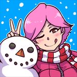  ;q akairiot blue_background blush brown_eyes coat doubutsu_no_mori looking_at_viewer lowres one_eye_closed pink_hair scarf short_hair simple_background smile snowing snowman solo striped striped_scarf super_smash_bros. tongue tongue_out v villager_(doubutsu_no_mori) winter_clothes winter_coat 
