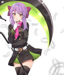  black_legwear bow brown_eyes character_name cowboy_shot feathers gloves hair_bow hiiragi_shinoa long_hair looking_at_viewer military military_uniform owari_no_seraph purple_bow purple_hair scythe smile solo thighhighs uniform usagi_(nw-cracker) white_gloves zettai_ryouiki 