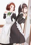  :o apron bangs black_dress black_hair blunt_bangs bow brown_hair chitanda_eru closed_mouth dress dressing eyelashes frilled_apron frills green_bow green_neckwear green_ribbon hands_up highres hyouka ibara_mayaka indoors jq leaning_forward long_hair long_sleeves looking_at_another maid maid_headdress mirror multiple_girls neck_ribbon pantyhose purple_eyes red_eyes reflection ribbon short_hair smile standing very_long_hair waitress white_apron 