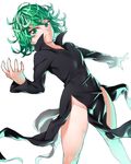  black_dress blush commentary covered_navel curly_hair dress green_eyes green_hair looking_at_viewer no_panties one-punch_man onsoku_maru short_hair side_slit simple_background solo tatsumaki white_background 