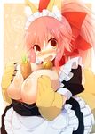  animal_ears bell bell_collar between_breasts blush breast_squeeze breasts brown_eyes carrot cleavage collar fangs fate/grand_order fate_(series) fox_ears fox_tail gloves huge_breasts kurikara long_hair looking_at_viewer maid nipples paw_gloves paws pink_hair solo suggestive_fluid tail tamamo_(fate)_(all) tamamo_cat_(fate) translation_request wavy_mouth 