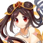  breasts brown_hair cleavage earrings guqin_sona huayue jewelry league_of_legends long_hair medium_breasts necklace red_eyes smile solo sona_buvelle twintails white_background 