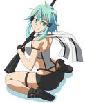  anti-materiel_rifle ass bare_legs breasts from_behind green_eyes green_hair gun highres large_breasts pgm_hecate_ii ranobe-senka rifle sinon sitting skindentation smile sniper_rifle solo sword_art_online thigh_strap thighs wariza weapon 