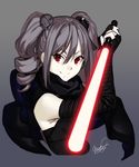  2015 darksider_(star_wars) darth_vader death_star drill_hair energy_sword hair_ornament hairclip idolmaster idolmaster_cinderella_girls kanzaki_ranko lightsaber long_hair looking_at_viewer maco red_eyes science_fiction signature silver_hair sith smile solo star star_wars sword twin_drills twintails weapon 