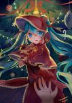  blue_eyes blue_hair christmas gloves hat holding_hands huayue league_of_legends long_hair red_gloves silent_night_sona solo_focus sona_buvelle twintails 
