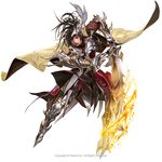  armor black_hair cape copyright flaming_sword gauntlets greaves male_focus original shoulder_spikes slashing solo spikes sword victor_bang war_of_legions weapon white_background wing_hair_ornament 