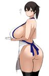  apron ass back black_hair black_legwear blush breasts brown_eyes covered_nipples huge_breasts kaga_(kantai_collection) kantai_collection naked_apron poin side_ponytail sideboob simple_background solo translated white_background 