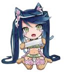  :d absurdres albireo_(yumekui_merry) animal_ears bandages bandeau belt blue_hair blush_stickers brown_gloves brown_legwear cat_ears cat_tail chibi collar cototiworld elbow_gloves fangs fur-trimmed_legwear fur_trim gloves green_eyes highres long_hair looking_at_viewer marker_(medium) open_mouth panties pantyshot pantyshot_(sitting) simple_background sitting slit_pupils smile solo tail thighhighs traditional_media twintails underwear very_long_hair wariza white_background white_panties yumekui_merry 