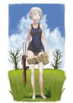  blonde_hair blue_eyes blue_sky breasts cloud collarbone commentary covered_navel day elf erica_(naze1940) grass gun highres holding holding_gun holding_weapon m50_reising md5_mismatch medium_breasts one-piece_swimsuit open_mouth original pointy_ears pouch school_swimsuit short_hair silver_hair sky solo submachine_gun swimsuit teeth tongue tongue_out tree weapon wet 