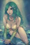  breasts cleavage detached_sleeves final_fantasy final_fantasy_iv green_eyes green_hair large_breasts long_hair rydia see-through solo soranamae 