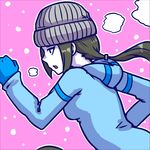  akairiot beanie blue_gloves brown_hair gloves hat hood hoodie long_hair lowres pink_background ponytail running simple_background solo super_smash_bros. white_skin wii_fit wii_fit_trainer 