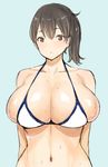  black_hair blue_background blush breasts brown_eyes cleavage collarbone huge_breasts kaga_(kantai_collection) kantai_collection looking_at_viewer navel poin side_ponytail simple_background solo wet 