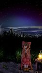  ankle_boots blush boots bow brown_eyes brown_hair cape chair crying crying_with_eyes_open dress grass hair_between_eyes hair_bow hair_ribbon hair_tubes hakurei_reimu highres japanese_clothes lamp lantern miko night night_sky red_dress red_ribbon ribbon road short_hair sitting sky solo star_(sky) starry_sky table tearing_up tears teikoku_gensui touhou 