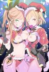  ;p bad_id bad_pixiv_id bag black_gloves blonde_hair blush bow bowtie bra bra_lift breasts breasts_outside christmas clarisse_(granblue_fantasy) cleavage cowboy_shot crotchless_panties djeeta_(granblue_fantasy) frills fur_trim gloves granblue_fantasy hair_ornament hat holly long_hair looking_at_viewer medium_breasts mouth_hold multiple_girls navel nipples one_eye_closed open_clothes open_shirt panties pom_pom_(clothes) pubic_hair red_hat red_panties santa_costume santa_hat shirt short_hair side-tie_panties sketch stomach tajima_ryuushi tongue tongue_out underwear 