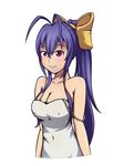  antenna_hair blazblue blazblue_remix_heart blue_hair blush bow breasts cleavage covered_nipples genderswap hair_bow highres large_breasts long_hair mai_natsume navel nightgown pancakes_(artist) ponytail red_eyes ribbon simple_background smile solo upper_body white_background 