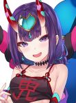  1girl :d bangs bare_shoulders breasts collarbone commentary dudou earrings english_commentary eyebrows_visible_through_hair fangs fate/grand_order fate_(series) fingernails hand_up head_tilt headpiece heart hitsukuya horns jewelry oni oni_horns open_mouth purple_eyes purple_hair short_eyebrows shuten_douji_(fate/grand_order) shuten_douji_(halloween)_(fate) simple_background small_breasts smile solo thick_eyebrows upper_body white_background 