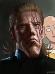  bald black_sweater blonde_hair blue_eyes close-up closed_mouth face goruditai king_(one-punch_man) looking_at_viewer male_focus multiple_boys one-punch_man realistic saitama_(one-punch_man) scar scar_across_eye smile sweater turtleneck upper_body 