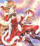  asuna_(sao) at_classics bangs bell black_legwear bow braid breasts brown_bow brown_eyes brown_hair capelet christmas cleavage closed_mouth dress eyebrows_visible_through_hair fur-trimmed_capelet fur-trimmed_dress fur_trim gift gloves hair_ornament hair_ribbon holding holding_gift holly large_breasts long_hair looking_at_viewer marker_(medium) pom_pom_(clothes) rapier red_dress red_ribbon ribbon sample santa_costume sidelocks smile snowflakes solo sword sword_art_online thighhighs traditional_media weapon white_gloves zettai_ryouiki 