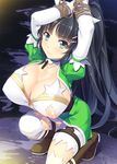  bdsm black_hair bondage bound bound_wrists breasts cleavage cosplay frown green_eyes homu_(seven_deadly_sins) huge_breasts kirigaya_suguha leafa leafa_(cosplay) looking_at_viewer nipples ponytail shiny shiny_skin solo star sword_art_online torn_clothes 