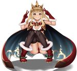  ankle_boots armor arms_up ass bangs bell bikini_armor black_legwear blonde_hair blunt_bangs blush boots bow breasts cagliostro_(granblue_fantasy) cape cleavage double_v full_body fur_cape fur_trim granblue_fantasy hairband hakuduki18 highres knees_together_feet_apart long_hair looking_at_viewer panties pink_hair red_bow red_cape red_footwear red_panties shade sidelocks simple_background sleeveless small_breasts solo spiked_hairband spikes squatting thighhighs underwear v white_background 