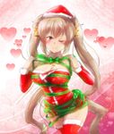  bangs bare_shoulders bell blush breasts christmas cleavage closed_mouth cowboy_shot detached_collar detached_sleeves dress fur_trim green_ribbon hair_bell hair_ornament hat heart kantai_collection large_breasts light_brown_hair long_hair looking_at_viewer murasame_(kantai_collection) one_eye_closed pom_pom_(clothes) red_dress red_hat ribbon rpg-exen santa_costume santa_hat smile solo thighhighs twintails very_long_hair 