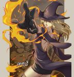 bare_shoulders bula detached_sleeves fire flame gloves halterneck hat highres magic miniskirt original outstretched_arm shoulder_blades skirt solo staff thighhighs wide_sleeves witch witch_hat yellow_eyes zettai_ryouiki 