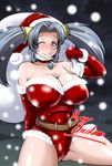 blue_hair breasts brown_eyes christmas cleavage elbow_gloves gloves granblue_fantasy hair_intakes highres huge_breasts long_hair looking_at_viewer one_eye_closed red_gloves sack smile snow solo sophia_(granblue_fantasy) thighs torii5011 twintails 