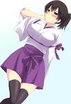  black_eyes black_legwear blush breasts hakama japanese_clothes kaga_(kantai_collection) kantai_collection large_breasts pleated_skirt purple_hakama rei_no_himo ribbon side_ponytail skirt solo sweat thighhighs yube_(skyhacker) zettai_ryouiki 