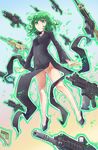  aqua_eyes bangs black_dress blush closed_mouth covered_navel dress flats flipped_hair floating floating_object frown full_body gradient gradient_background green_hair gun highres legs_apart long_sleeves nyan_(themare) one-punch_man rifle short_hair solo tatsumaki telekinesis too_many too_many_weapons weapon 
