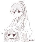  blush_stickers chibi drying drying_hair greyscale houshou_(kantai_collection) japanese_clothes jitome kaga_(kantai_collection) kantai_collection long_hair monochrome multiple_girls open_mouth ponytail rexlent sparkle towel twitter_username younger 