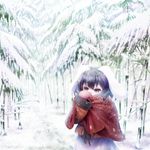  animal_ears bamboo bamboo_forest black_hair breath bunny_ears coat cold covered_mouth cowboy_shot footprints forest inaba_tewi long_sleeves looking_away mittens nature red_eyes scarf scarf_over_mouth short_hair snow snow_on_head solo touhou winter yagyu-pix 