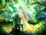  ar_nosurge broken brown_hair dress earthes forest head_wreath highres ionasal_kkll_preciel long_hair mogupon nature robot smile surge_concerto transparent very_long_hair white_dress 