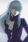  bikini_top blue_eyes blue_hair center_opening collar koyorin long_hair nemissa shin_megami_tensei solo zipper 