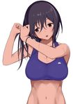  absurdres adjusting_hair black_hair breasts brown_eyes cleavage eyebrows_visible_through_hair hair_between_eyes highres iwadamai large_breasts nail_polish navel open_mouth original simple_background solo sports_bra sweat tying_hair upper_body white_background 