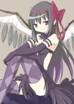  akemi_homura akuma_homura argyle argyle_legwear bare_shoulders black_hair brown_background dress elbow_gloves feathers gloves hip_vent long_hair looking_at_viewer mahou_shoujo_madoka_magica mahou_shoujo_madoka_magica_movie pink_eyes revealing_clothes simple_background sitting sleeveless sleeveless_dress smile solo thighhighs tsubaki_(tatajd) zettai_ryouiki 