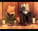  2boys ??? annoyed black_nose brown_fur canine clothing duo food fox fox_mccloud fur furry green_eyes grey_fur jacket male mammal multiple_boys nintendo red_eyes scar scarf star_fox video_games white_fur wolf wolf_o&#039;donnell wolf_o'donnell 